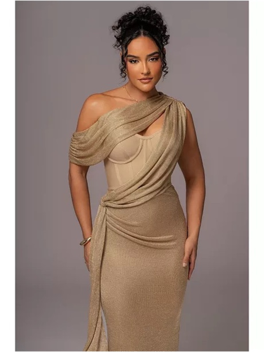 JLUXLABEL One-Shoulder Metallic Gold Draped Evening Gown - Picture 3 of 7
